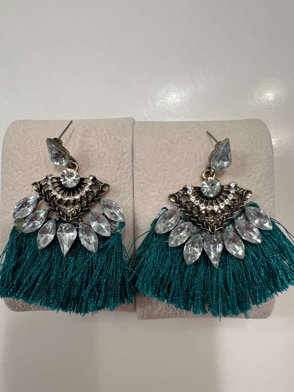 Green Tassel Crystal Drop Earrings -Anthropologie